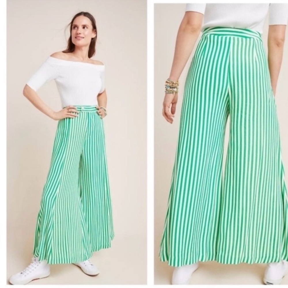 Anthropologie Women's Green and White Stripe Palazzo Pants‎ Trousers Size 22 NWT